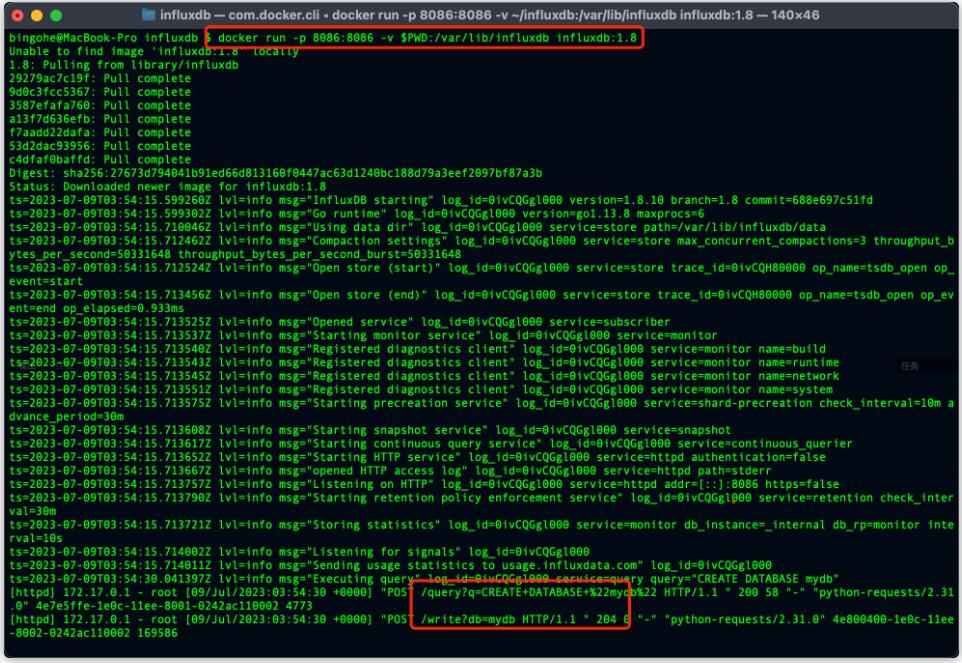在这个示例中，我们首先连接到InfluxDB（类似于连接到MySQL数据库），然后创建一个名为mydb的数据库（类似于在MySQL中创建一个新的数据库），并切换到创建的数据库（类似于在MySQL中选择一个数据库）。接着，我们准备了一条名为cpu_load的数据（在InfluxDB中，measurement相当于MySQL中的表名），并为数据添加了host和region标签（类似于MySQL中的索引列）。最后，我们将数据写入到InfluxDB中（类似于在MySQL中执行INSERT语句）。  执行上面的代码后我们可以看到我们的操作成功了： 图3