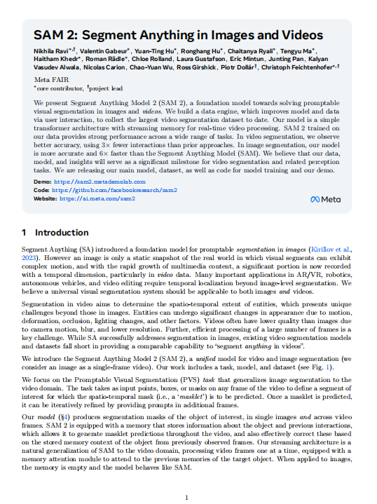 【计算机视觉】基于Transformer的视频图像统一分割模型:SAM 2的流式记忆架构与大规模SA-V数据集构建 PDF 下载 图1